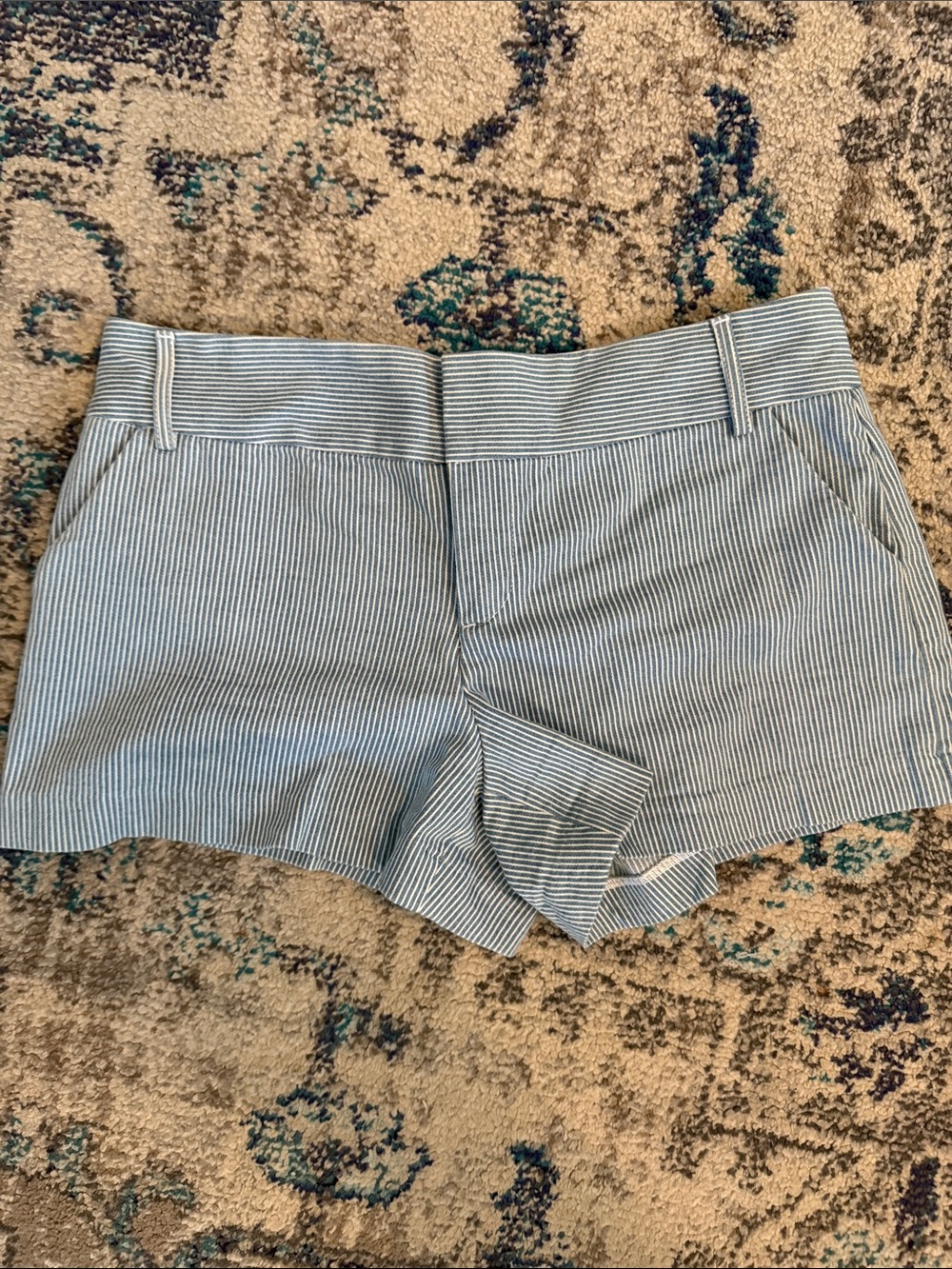 Alice + Olivia Light Blue and White Pinstripe High-Waist Shorts